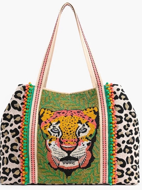 America & Beyond Handbags - NWT America & Beyond Forestry Leopard Beaded Embellished Tote Bag